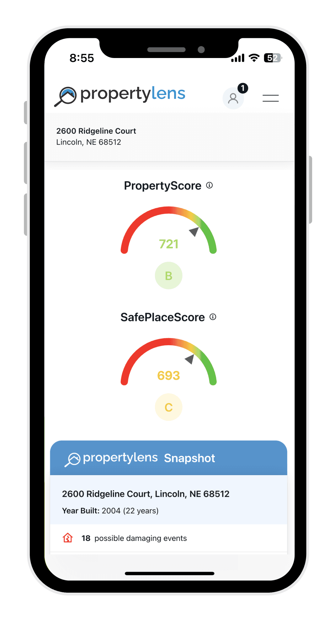 PropertyLens app on iPhone showing property report snapshot