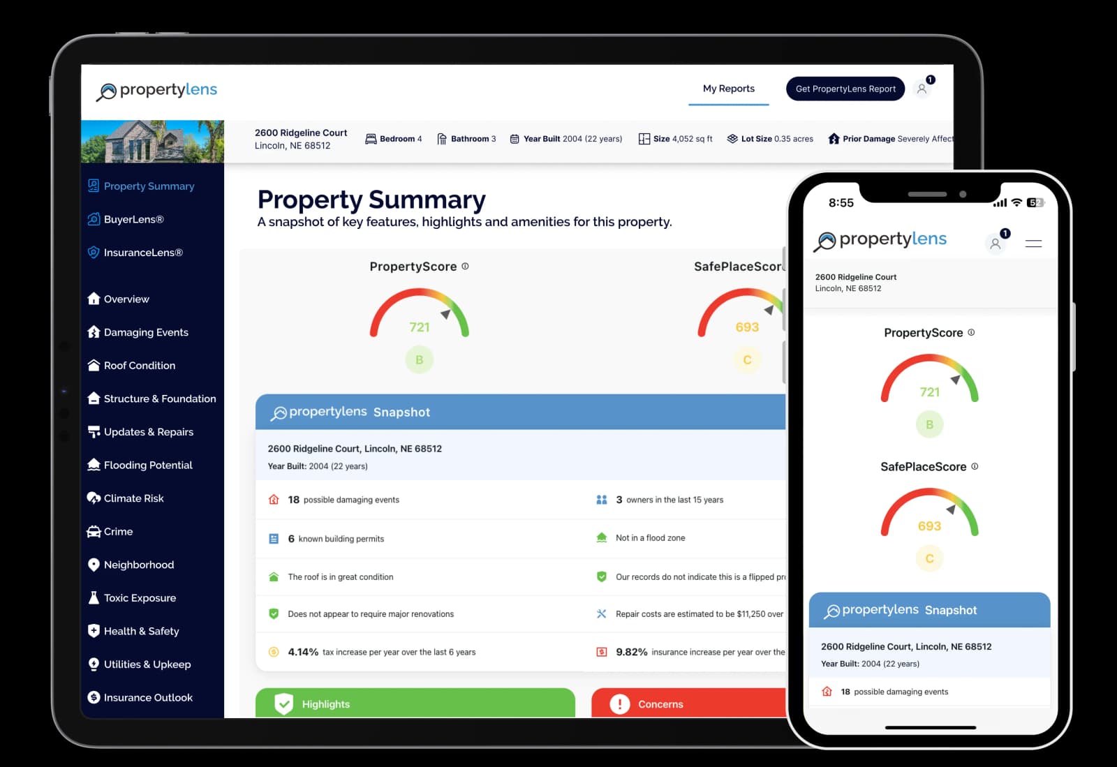 PropertyLens Report - comprehensive property analysis including risk assessment, history, and location data