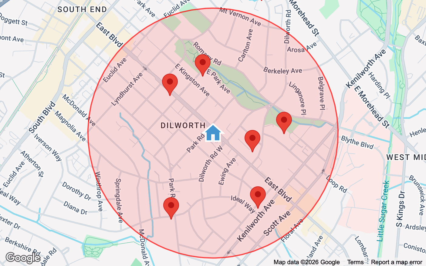 Neighborhood map showing the property location with a half-mile radius circle and nearby points of interest