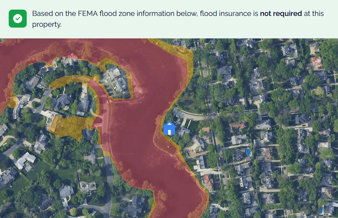 Sample flood risk assessment showing FEMA flood zone overlays on an aerial map, with a status that flood insurance is not required at this property
