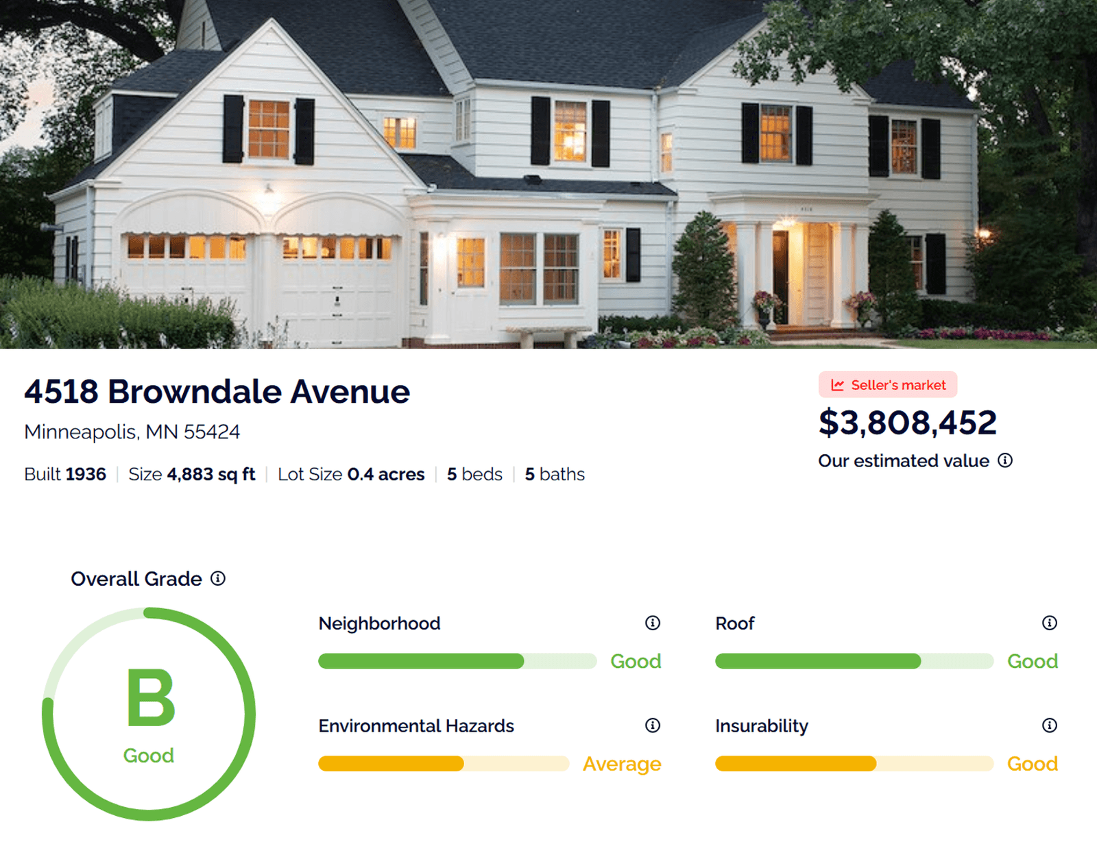 Sample PropertyLens report for 4518 Browndale Avenue showing overall grade, estimated value, and key property findings