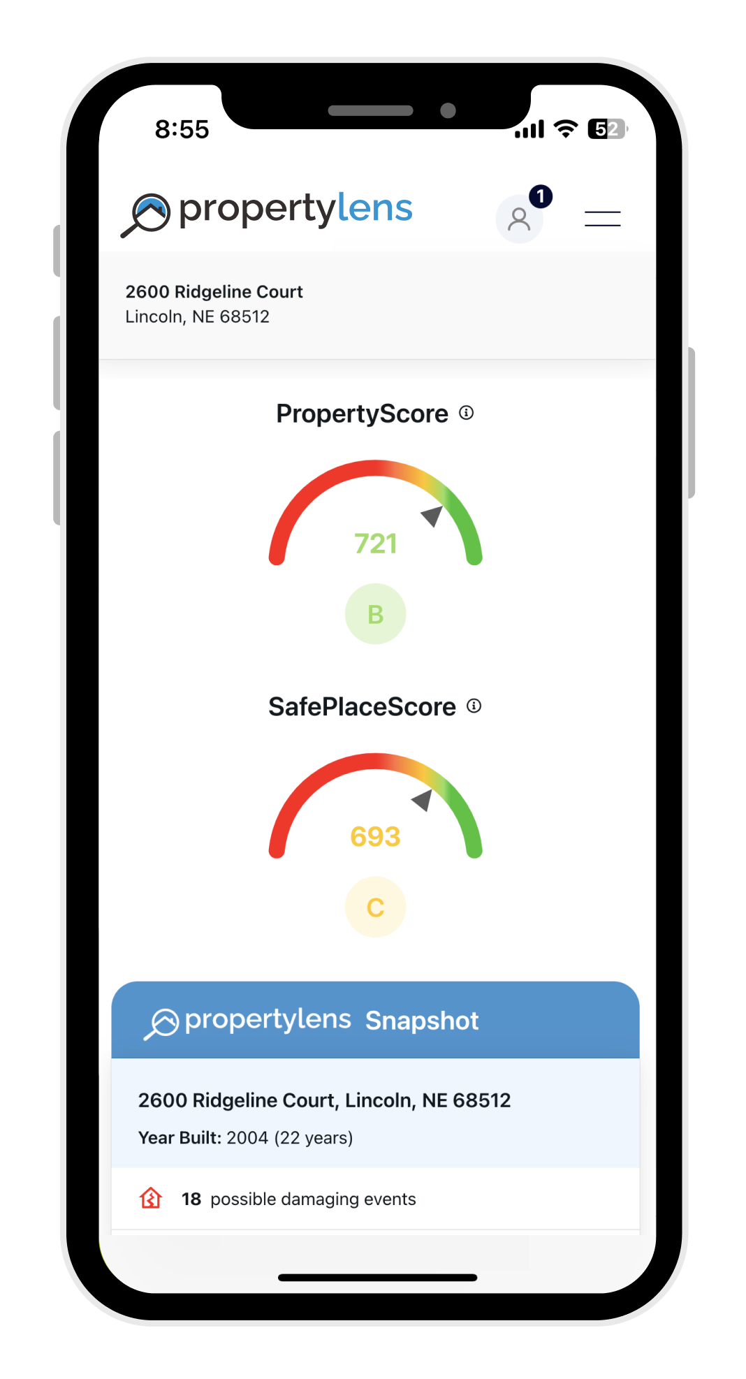 PropertyLens app on iPhone showing property report